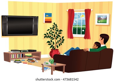 Couple watching TV in living room.