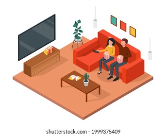 Couple watching tv. Man and woman sitting together on sofa, enjoying movie, relaxing at home. Living room interior 3d isometric vector concept. Husband and wife having rest, entertainment