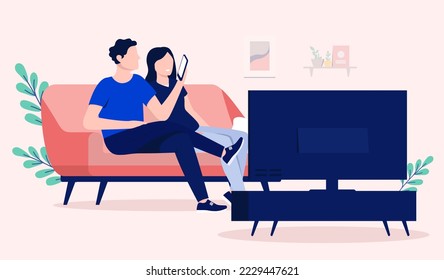 Couple watching TV - Man and woman sitting in sofa surfing on phone and looking at television. Flat design vector illustration