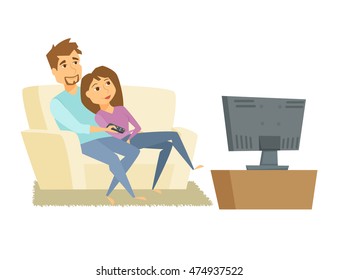 Couple watching tv. Man and woman sitting on sofa and using television together. Young people relaxing at home, use the remote control for tv movie. Family leisure vector illustration