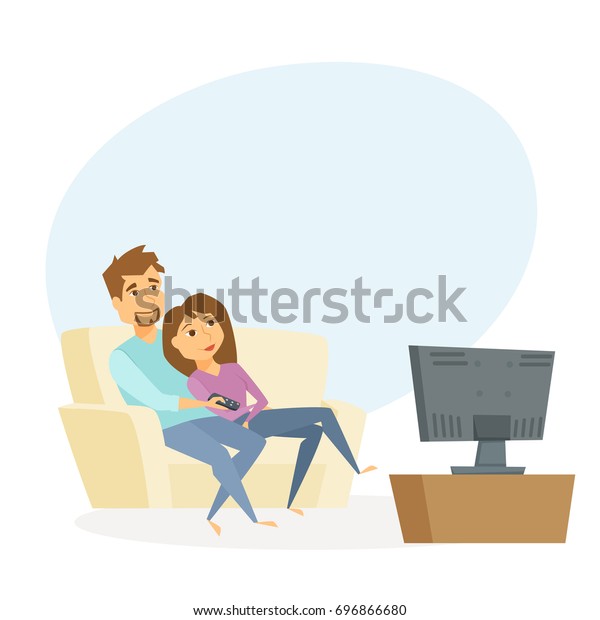 Couple Watching Tv Man Woman Sitting Stock Vector (Royalty Free ...