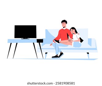 Couple Watching TV On A Couch In Flat Vector Illustration Symbolizing Relaxation, Home Entertainment, And Quality Time, Isolated On White Background