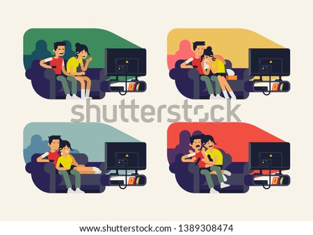 Couple watching TV series. Vector flat character design on couple watching different movies. Different reactions on TV shows and films. Couple watching comedy, family movie, thriller or drama