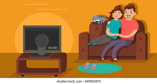 Couple watching TV, sitting on the sofa in living room in an embrace. Vector cartoon flat illustration of young man and woman character on the couch.