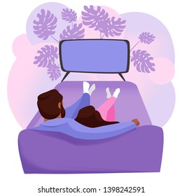 couple watching TV. vector image of people sitting on the bed .interior
