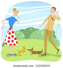 Couple watching while their dogs are playing with each other in park (vector illustration)