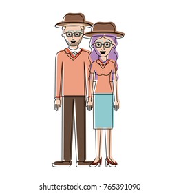 couple in watercolor silhouette and both with hat and glasses and him with stubble beard and sweater and pants and shoes and her with blouse and skirt and heel shoes with long wavy hair