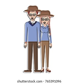 couple in watercolor silhouette and both with hat and glasses and pants and him with stubble beard and sweater and shoes and her with blouse long sleeve and heel shoes and braid and fringe hair