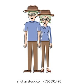 couple in watercolor silhouette and both with hat and glasses and pants and him with t-shirt and shoes and her with blouse and heel shoes with short wavy hair