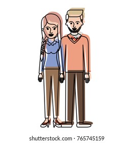 couple in watercolor silhouette and her with blouse long sleeve and pants and heel shoes with braid and fringe hairstyle and him stubble beard and sweater and pants and shoes with side parted