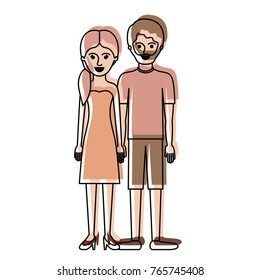 couple in watercolor silhouette and her with strapless dress and heel shoes with pigtail hairstyle and him with t-shirt and short pants and shoes with short hair and beard