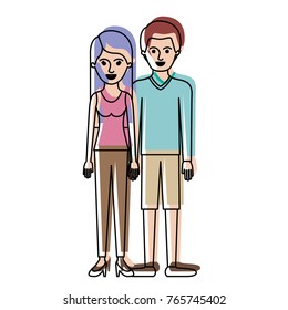 couple in watercolor silhouette and her with t-shirt sleeveless and pants and heel shoes with long straight hair and him with sweater and short pants and shoes with short hair