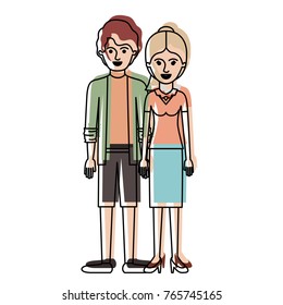 couple in watercolor silhouette and him with shirt and jacket and short pants and shoes with short wavy hair and her with blouse and skirt and heel shoes with ponytail hair