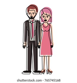 couple in watercolor silhouette and him with suit and tie and pants and shoes with short hair and stubble beard and her with dress and heel shoes with mid length hair
