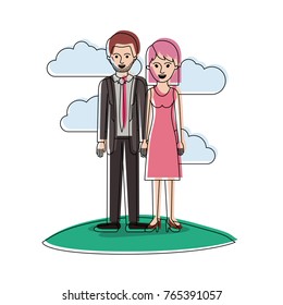 couple in watercolor silhouette scene outdoor and him with suit and tie and pants and shoes with short hair and stubble beard and her with dress and heel shoes with mid length hair