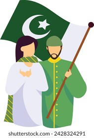 Couple Waving Flag and Praying together concept, 14th August patriotic people in Traditional dress vector design, yaum-e-pakistan Symbol, Islamic republic resolution day Sign 23 March national holiday