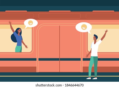 Couple waving good bye in subway. Woman in train, man on platform flat vector illustration. Communication, dating, transport concept for banner, website design or landing web page