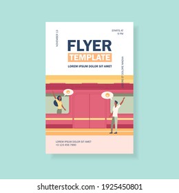 Couple waving good bye in subway. Woman in train, man on platform flat vector illustration. Communication, dating, transport concept for banner, website design or landing web page