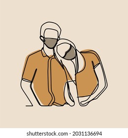 Couple wear mask oneline continuous art premium vector