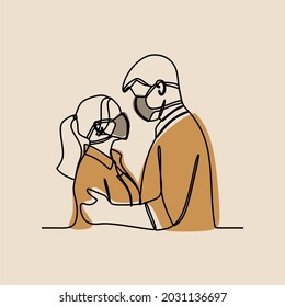 Couple wear mask oneline continuous art premium vector