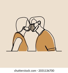 Couple wear mask oneline continuous art premium vector