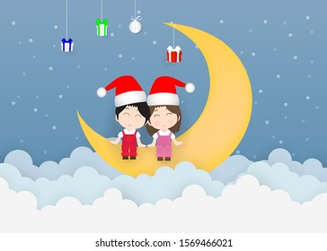 Couple wear Santa Claus hat sitting on the moon in snowing Christmas night with gift boxes and clouds background, illustration vector