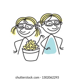 couple wearing 3d glasses eating popcorn   watching movie first date at the cinema