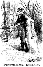 A couple wearing a beautiful dress is roaming in the park and the boy is opening the umbrella, vintage line drawing or engraving illustration.