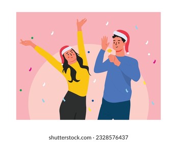 Pareja con sombreros de Navidad bailando con alegría y felicidad, fiesta de celebración de diciembre. Ilustración plana del vector