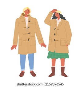 A couple wearing cute duffel coats. flat design style vector illustration.