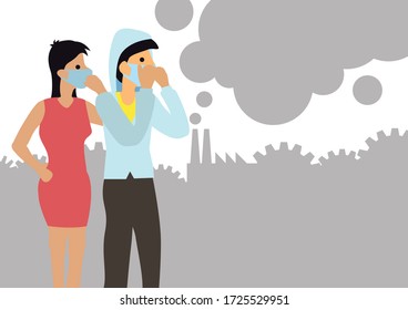 Couple wearing face mask because of air pollution in the city. Air Pollution concept. Flat cartoon characters vector illustration.