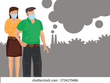 Couple wearing face mask because of air pollution in the city. Air Pollution concept. Flat cartoon characters vector illustration.