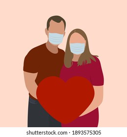  Couple wearing face mask with heart enjoy romantic date,  celebrate valentine's day. Vector illustration