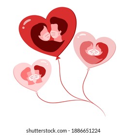 Couple wearing face mask and kiss on red heart balloon. Flat vector illustration isolated on white background. Diversity and LGBT Valentine's day concept.