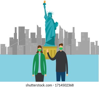 Couple wearing face masks in front of Liberty Statue in New York, USA