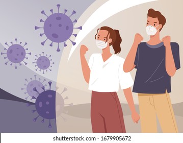 Couple wearing face masks. Man and woman fight with coronavirus. Virus preventive measures. Vector illustration in a flat style