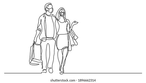 couple wearing face masks shopping - continuous line drawing