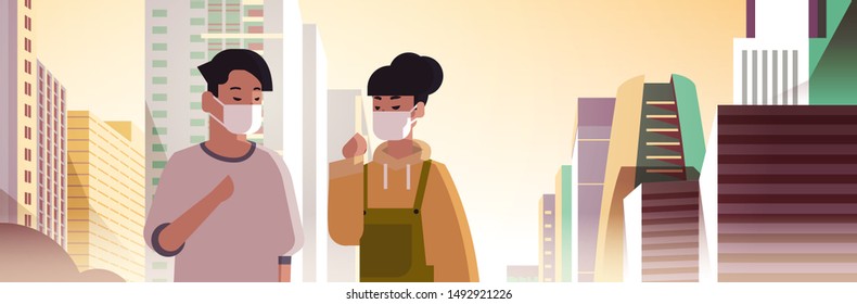 couple wearing face masks toxic gas air pollution industry smog polluted environment concept man woman walking outdoor dirty smoke skyscrapers cityscape skyline background portrait horizontal