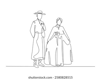 A couple wearing hanbok and greeting in continuous one line drawing. Single line art draw of Couple in traditional korean dresses. Editable vector.