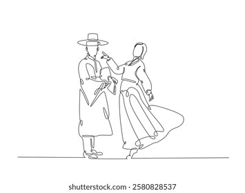 A couple wearing hanbok and greeting in continuous one line drawing. Single line art draw of Couple in traditional korean dresses. Editable vector.