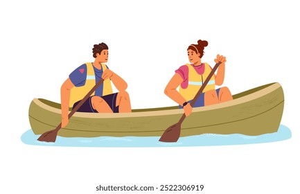 Pareja con chalecos salvavidas canoa Ilustración vectorial plana aislada en blanco.