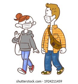 Una pareja con una máscara y caminando mientras habla