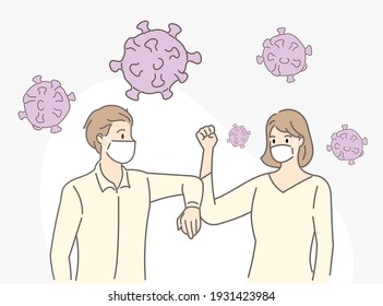 Couple wearing masks elbow bump greeting. New normal greeting to avoid the spread of Coronavirus instead of greeting with hug or handshake. Hand draw style. Vector illustration.