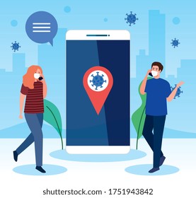 couple wearing medical mask communicating by smartphones, covid 19, social media coronavirus concept vector illustration design