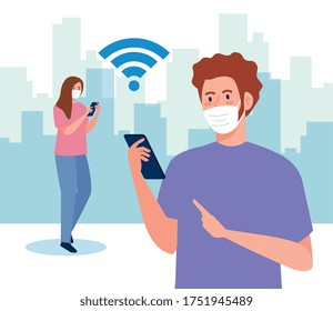 couple wearing medical mask communicating by smartphone, covid 19, social media coronavirus concept vector illustration design