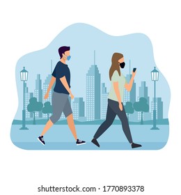 couple wearing medical masks characters in the park urban scene vector illustration design