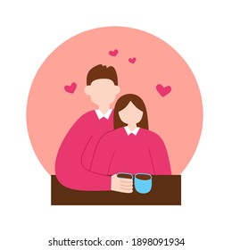 Couple wearing same outfit sitting together while drinking coffee. Heart decoration. Valentine's day concept. Flat vector illustration