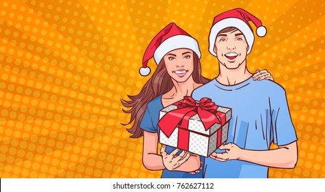 Couple Wearing Santa Hats Hold Gift Happy Man And Woman On Comin Poster Pin Up Background Winter Holidays Concept Vector Illustration