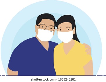 Couple wearing surgical mask protection from corona virus vector concept. 