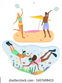 Couple wearing swimming suits and playing badminton on summer beach. Man and woman in swimming goggles snorkeling in turquoise water. Beach and recreation vector. Flat cartoon. Summertime activity